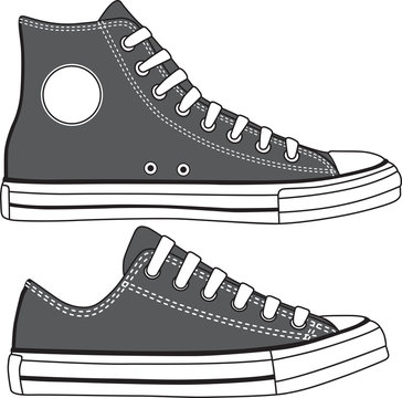 Set Of High And Low Sneakers Drawn. Vector