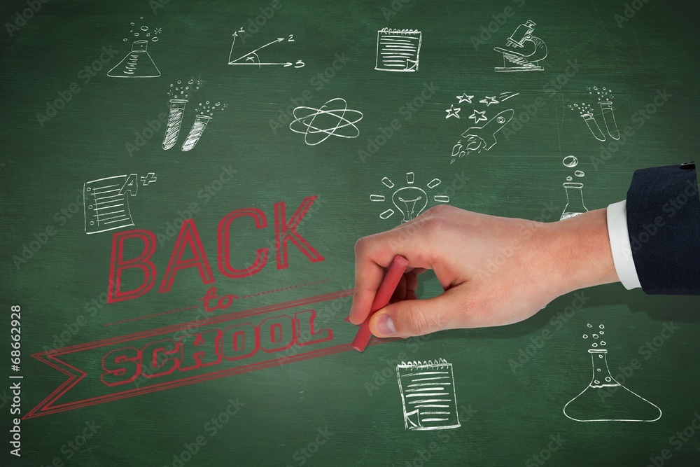 Poster composite image of hand writing with a chalk