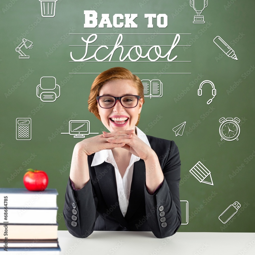 Poster composite image of redhead teacher sitting at desk