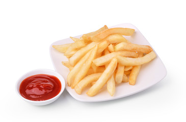French fries with ketchup over white background