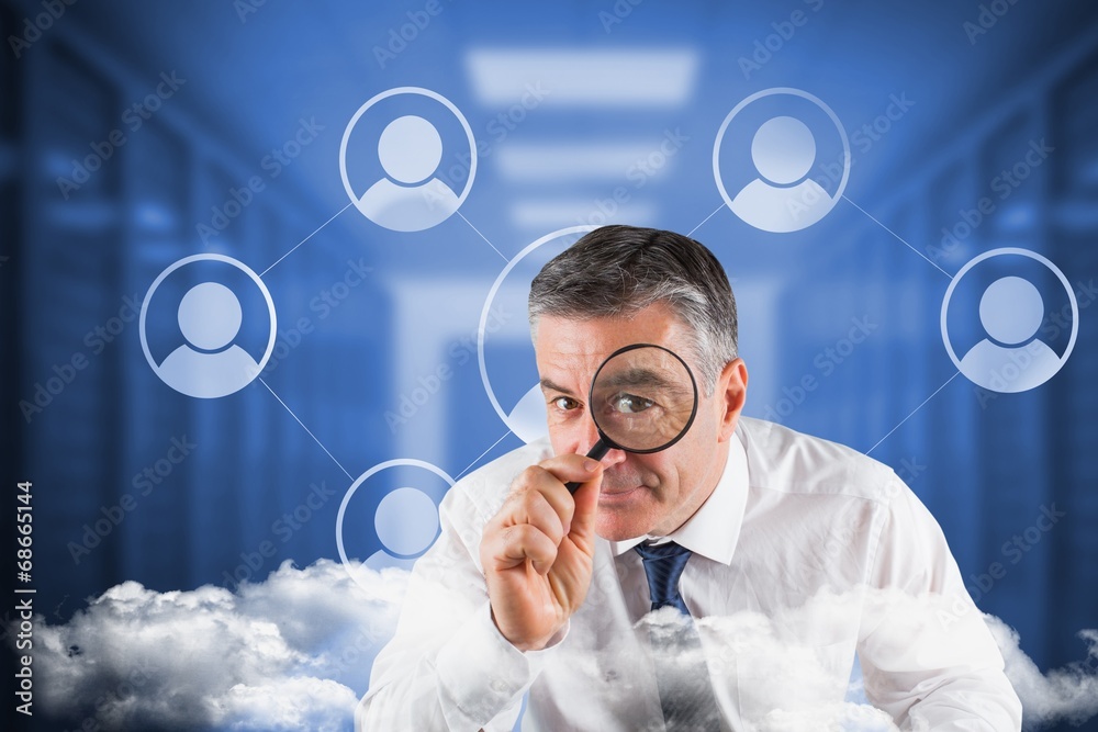 Poster composite image of focused businessman with magnifying glasses