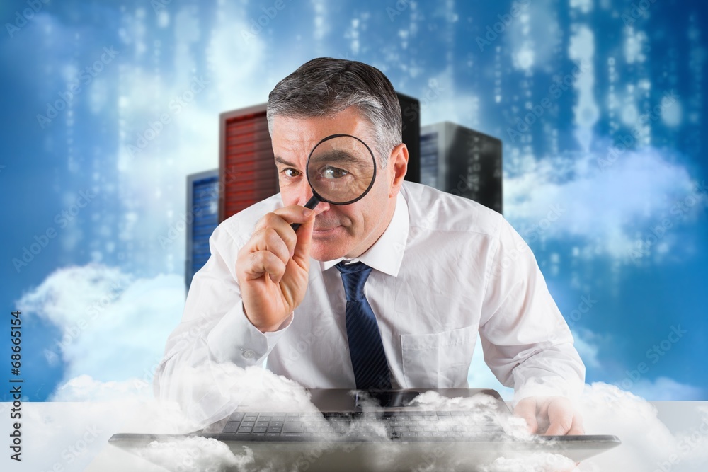 Poster Composite image of mature businessman examining with magnifying