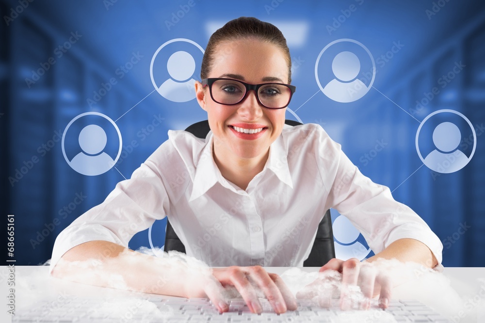 Poster composite image of businesswoman typing on a keyboard