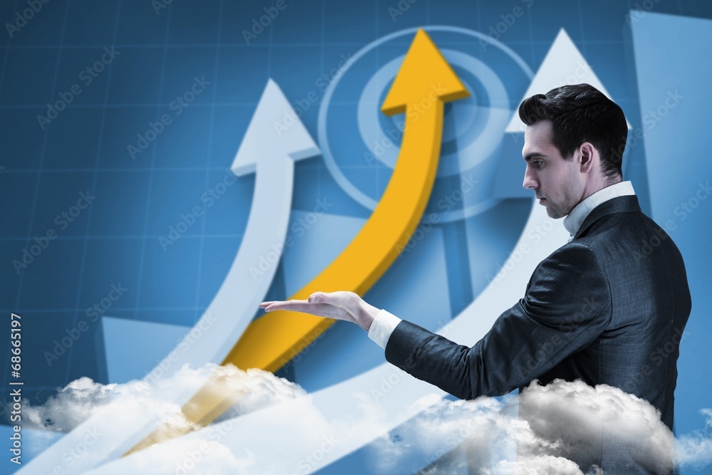 Poster composite image of businessman presenting with hand
