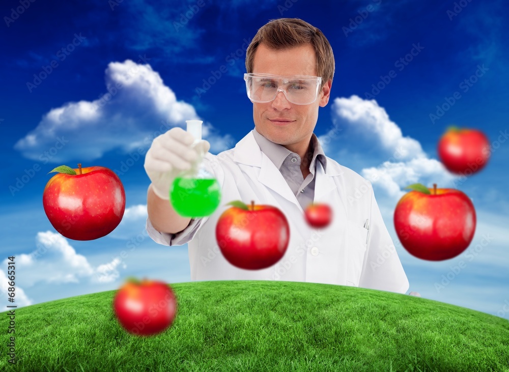 Poster Composite image of young scientist working with a beaker