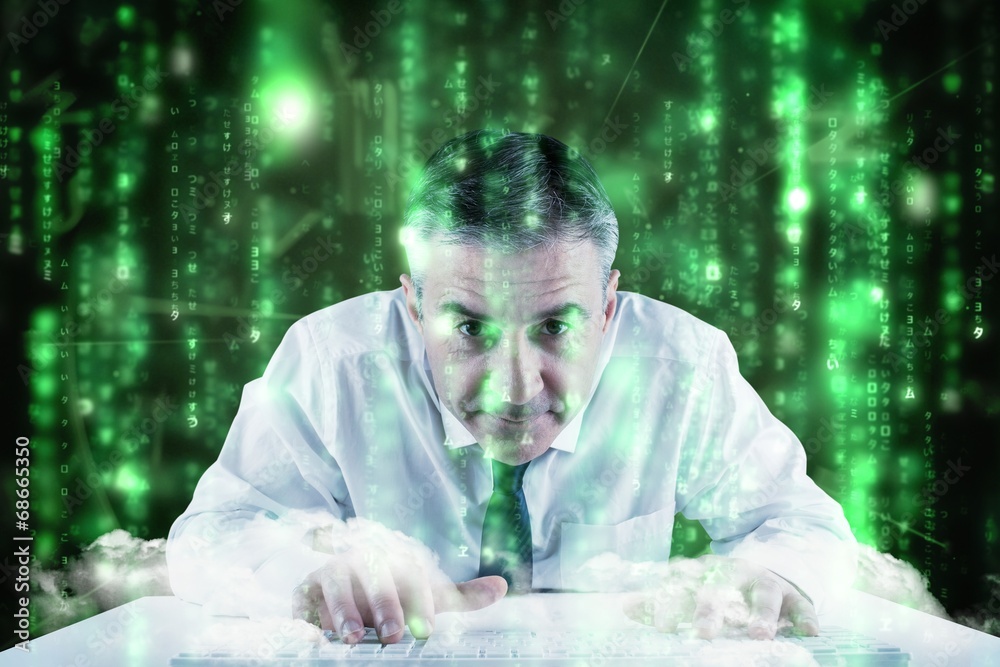 Poster composite image of mature businessman typing on keyboard