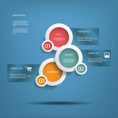 Round white infographic elements with various icons