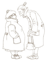Контурный рисунок с изображением двух пожилых женщин