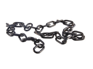Close up photo of a black chain on a white background.