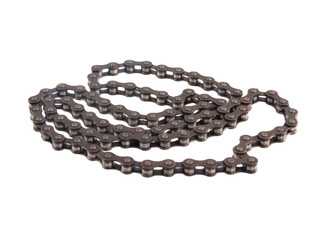 Close up photo of a bicycle chain on a white background.