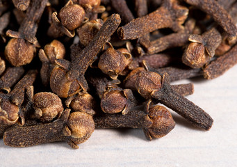 Pile of cloves (Eugenia caryophyllata). Macro