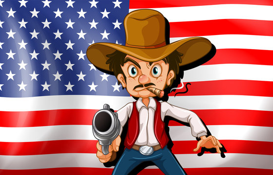 A cowboy in front of the USA flag