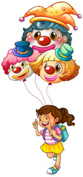 A happy girl holding clown balloons