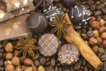chocolate, coffee, spices and nuts