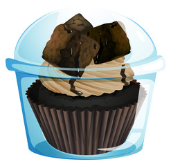A transparent container with a chocolate cupcake