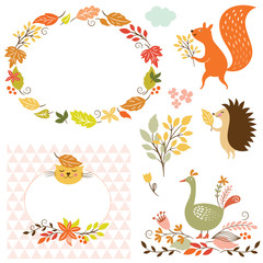 set of cartoon characters and autumn elements