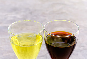 glasses with white and red wine close up