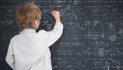 Composite image of cute pupil writing on board