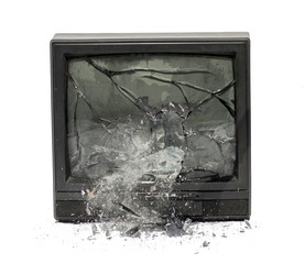 Television exploding isolated on white background