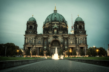 Fototapeta na wymiar Berlin Cathedral, or Berliner Dom, illuminated at night