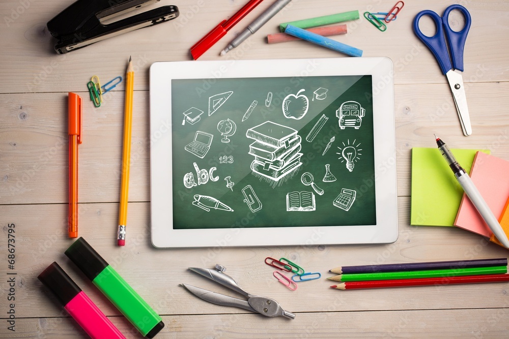 Poster composite image of digital tablet on students desk
