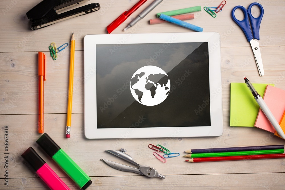 Poster composite image of digital tablet on students desk