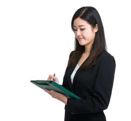 Businesswoman talk note on clipboard