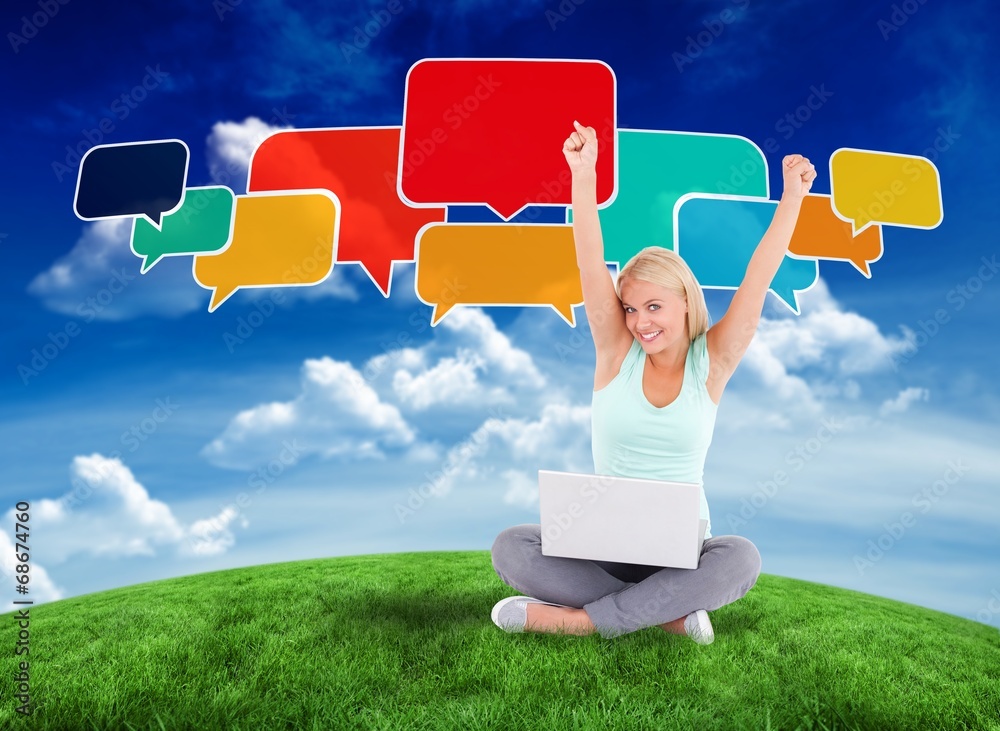 Poster composite image of happy blonde with speech bubbles