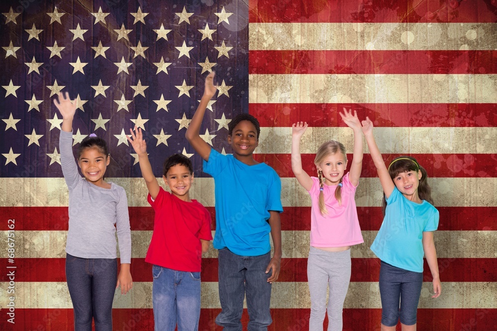 Poster Composite image of elementary pupils smiling and waving