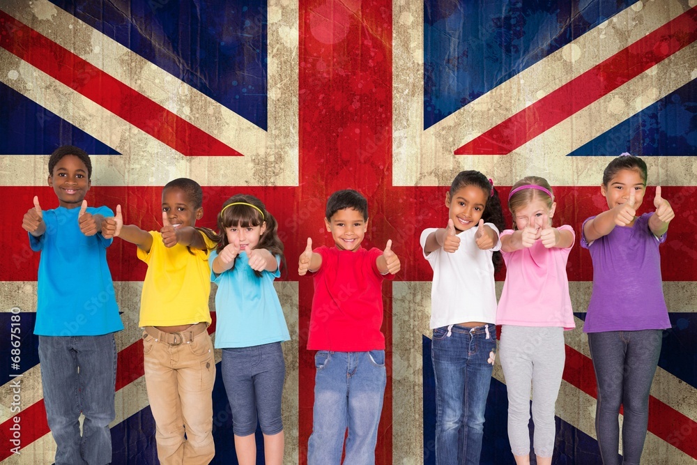 Poster Composite image of elementary pupils smiling showing thumbs up
