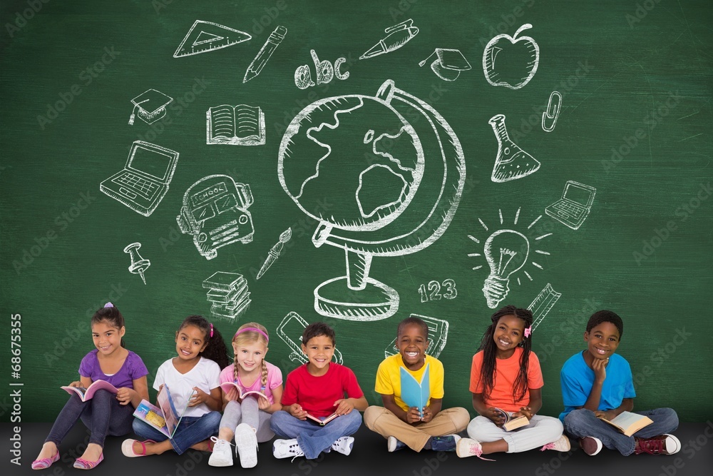 Poster Composite image of cute pupils smiling at camera with books