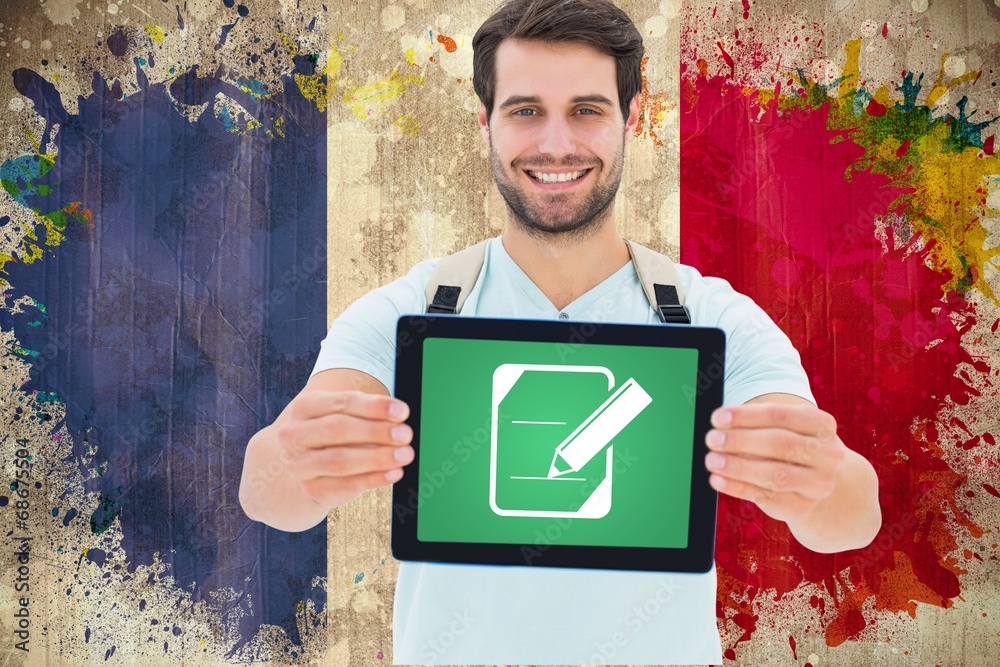 Poster Composite image of student showing tablet