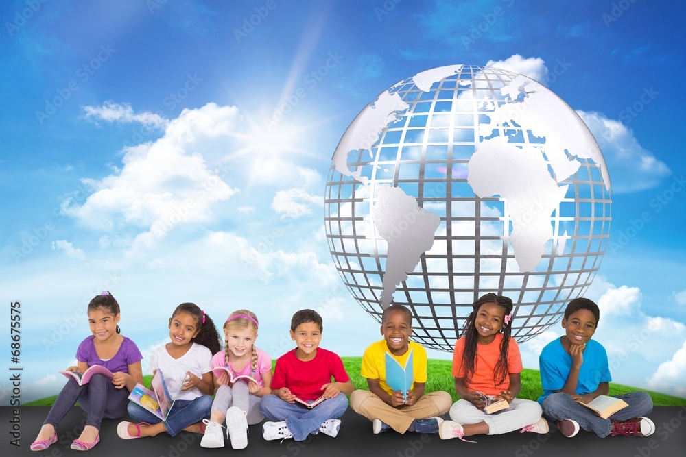 Poster Composite image of cute pupils smiling at camera with books