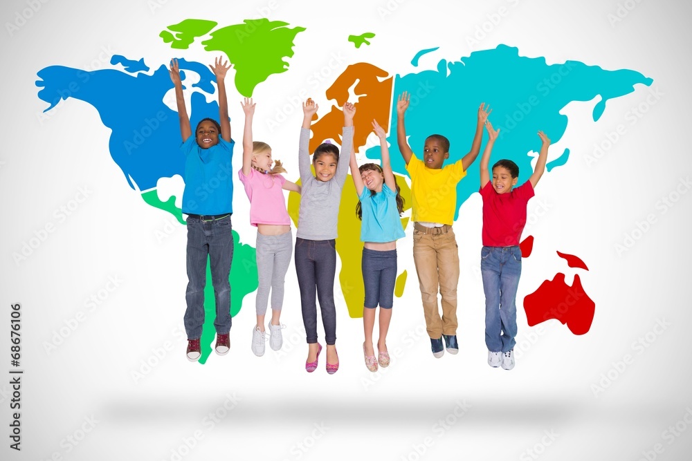 Poster Composite image of elementary pupils jumping