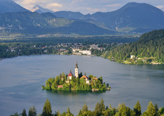Panoramic view of lake Bled with the small island, Slovenia