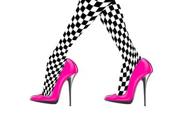 woman leg with pink high heel shoe and chess stocking, isolated