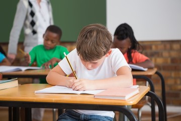 Cute pupils writing at desk in classroom