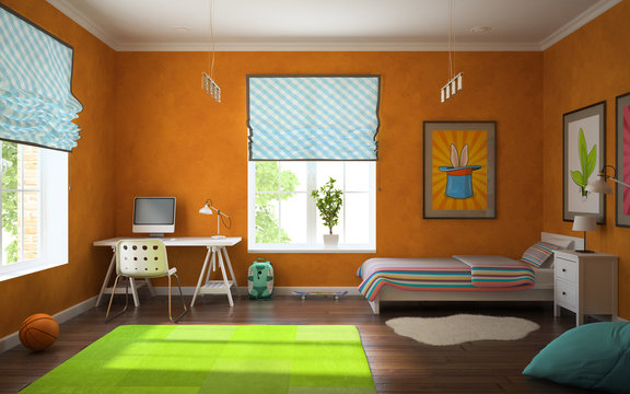 Part of interior modern childroom with orange walls