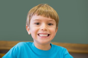 Cute pupil smiling at camera in classroom