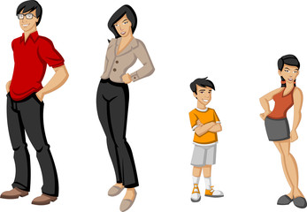 Happy cartoon family. Asian people.