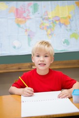 Naklejka premium Cute pupil smiling at camera in classroom at his desk