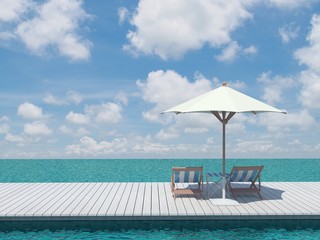 view of two chairs and white umbrella on the wood pier