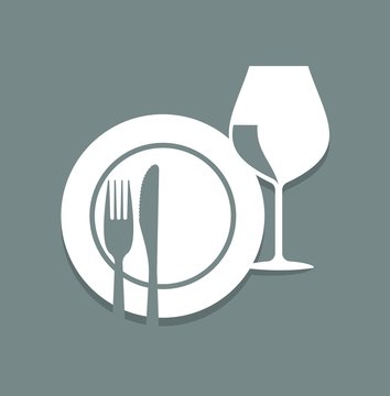 white plate, cutlery, wine glass on gray clip art preview