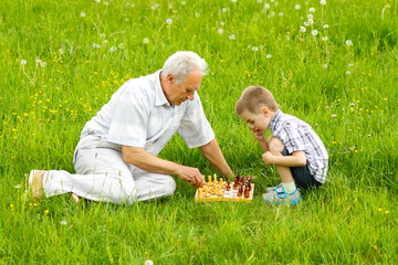 Grandfather and grandson playing chess on the grass 