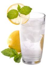 glass of cold sparkling water with lemon and mint