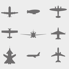 vector set  icons: dirigible,  plane, fighter plane and screw