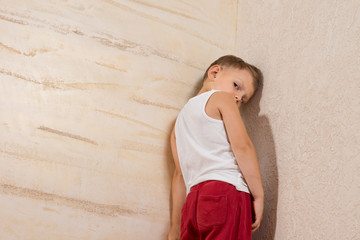 Shy Cute Little Boy on Wooden Walls