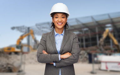 african american businesswoman in white helmet
