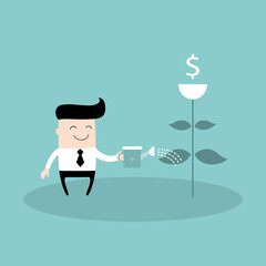 Businessman watering dollar plant Business success concept