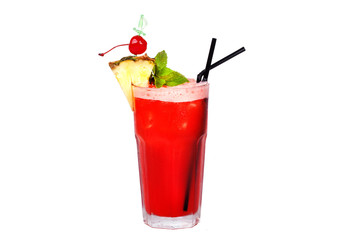 red cocktail with pineapple and cherry